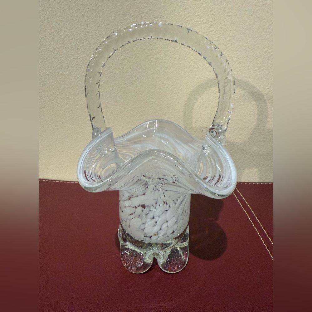 Vintage Hand Blown Art Glass Handbag Basket Vase Ruffle Rim Clear White Speckled
